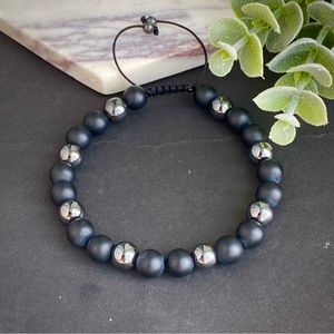 Mens Hematite Matte Onyx Bracelet Adjustable Macrame cord beaded Bracelet